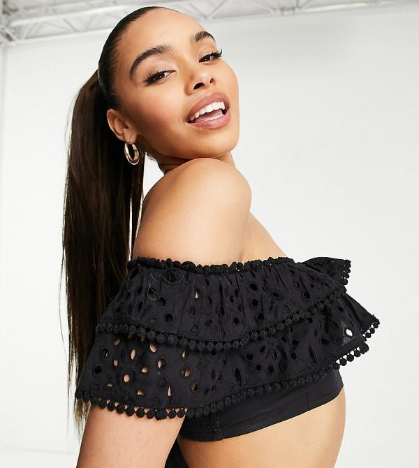 ASYOU broderie frill detail bardot top in black (part of a set)