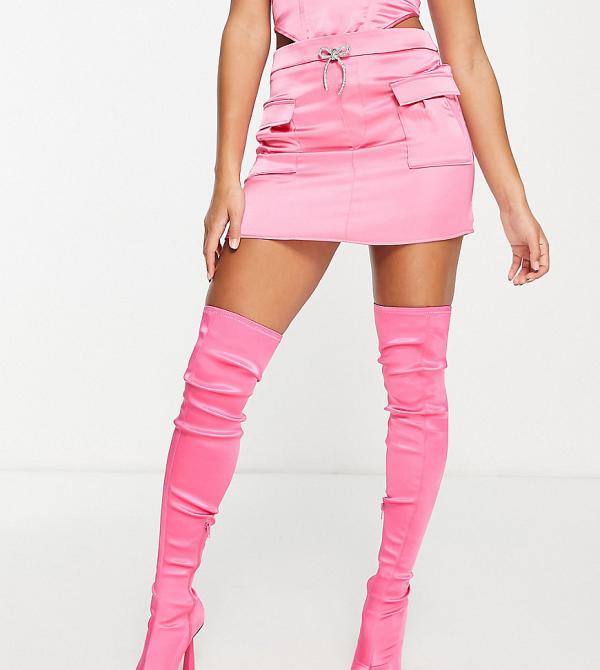 ASYOU diamante bow detail satin mini skirt with pockets in pink (part of a set)