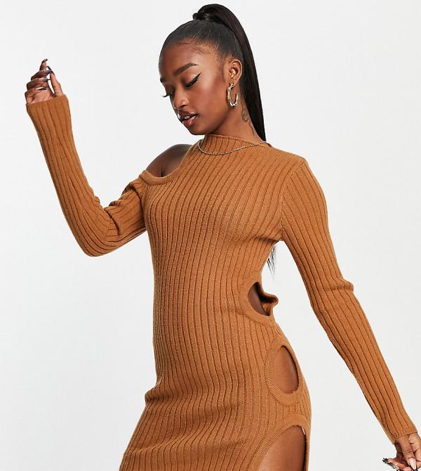 ASYOU knit cut out long sleeve mini dress in chocolate-Brown