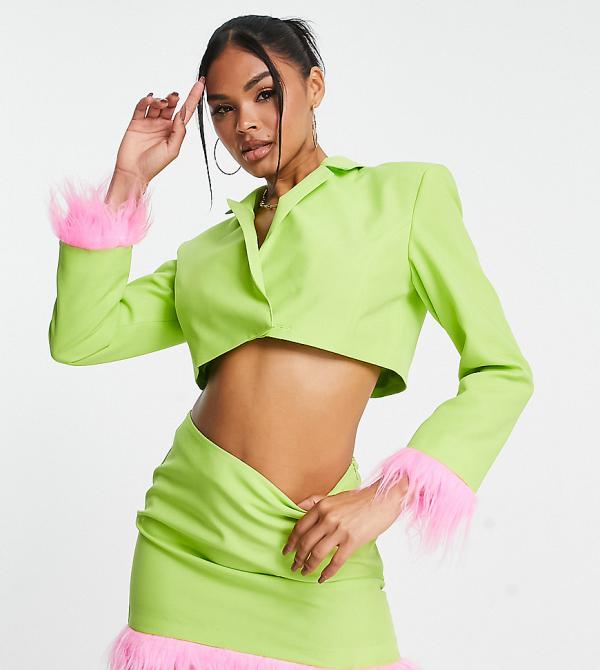ASYOU tailored cropped blazer with pink faux feather trim in green (part of a set)