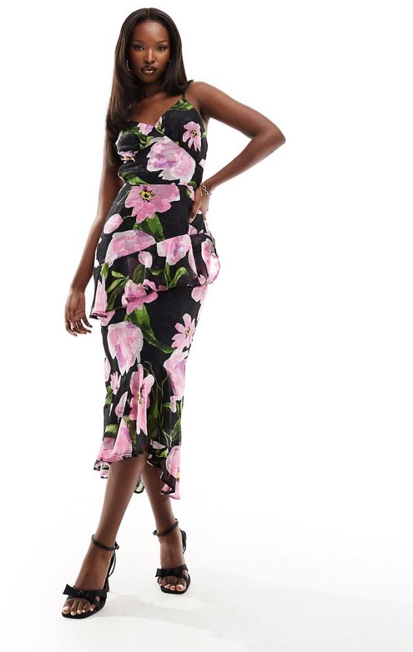 AX Paris asymmetric ruffle trim cami midaxi dress in black and pink floral