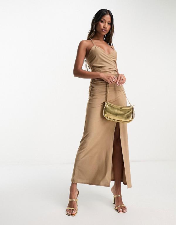 AX Paris chain back detail cami maxi wrap dress in camel-Neutral
