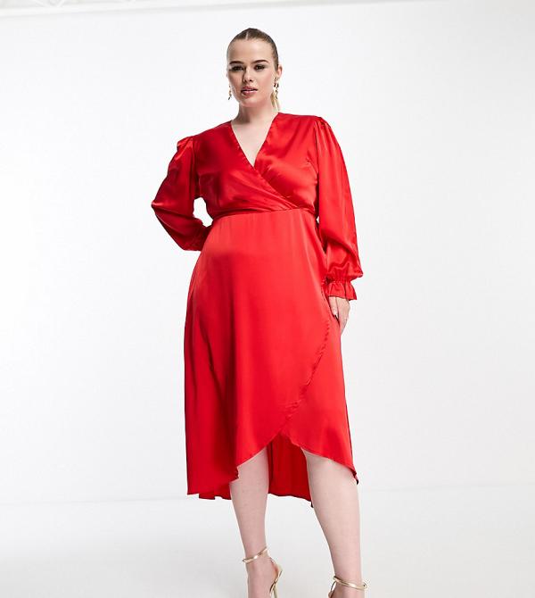 AX Paris Plus long-sleeve wrap dress in red satin