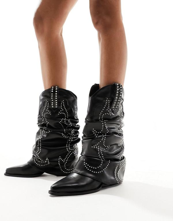 Azalea Wang Rune studded foldover western boots in black