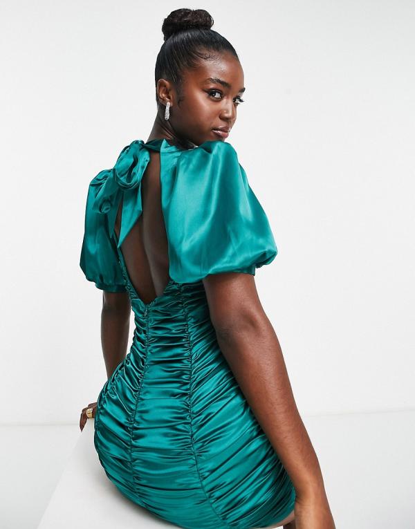 Band Of Stars premium satin balloon sleeve dress with bow back in emerald green