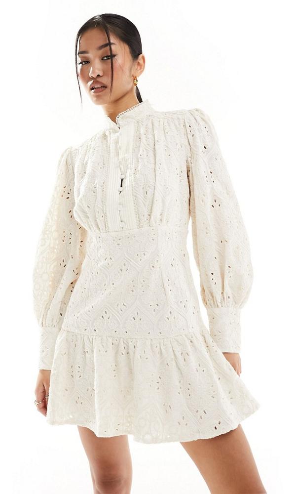 Bardot embroidered long sleeve mini dress in white