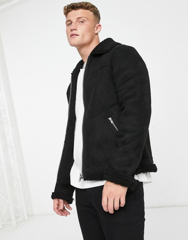 Barneys Originals faux shearling fully borg lined jacket in black