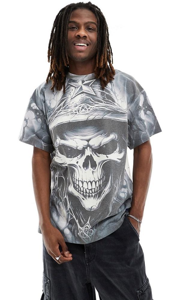 Basic Pleasure Mode oversized skull print t-shirt in grey
