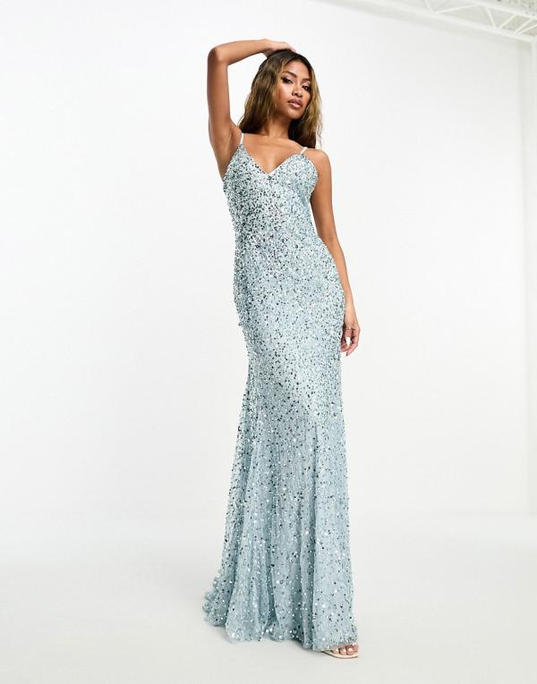 Beauut Bridesmaid all over embellished cami slip maxi dress with train in ice blue