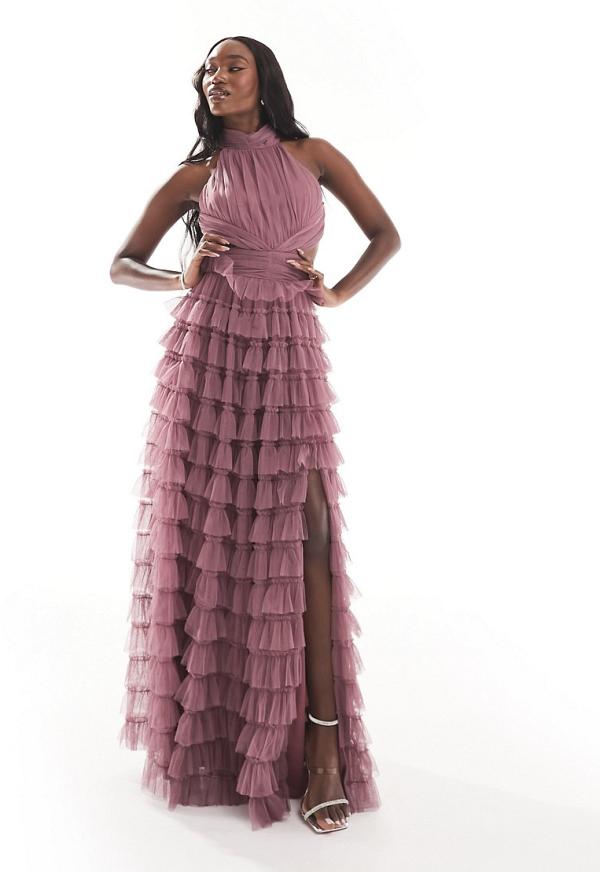 Beauut Bridesmaid high neck maxi dress with ruffle skirt and open back in rose-Pink