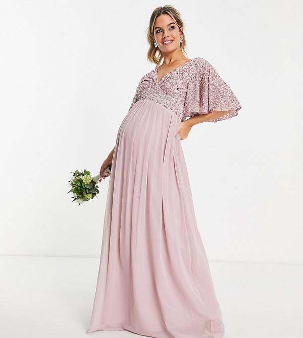 Beauut Maternity Bridesmaid embellished bodice maxi dress with flutter sleeve in frosted pink