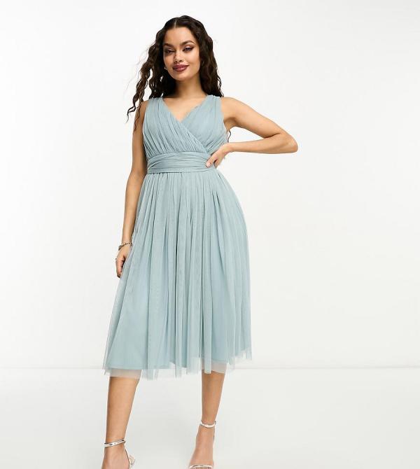 Beauut Petite Bridal midi tulle dress with bow back in misty green