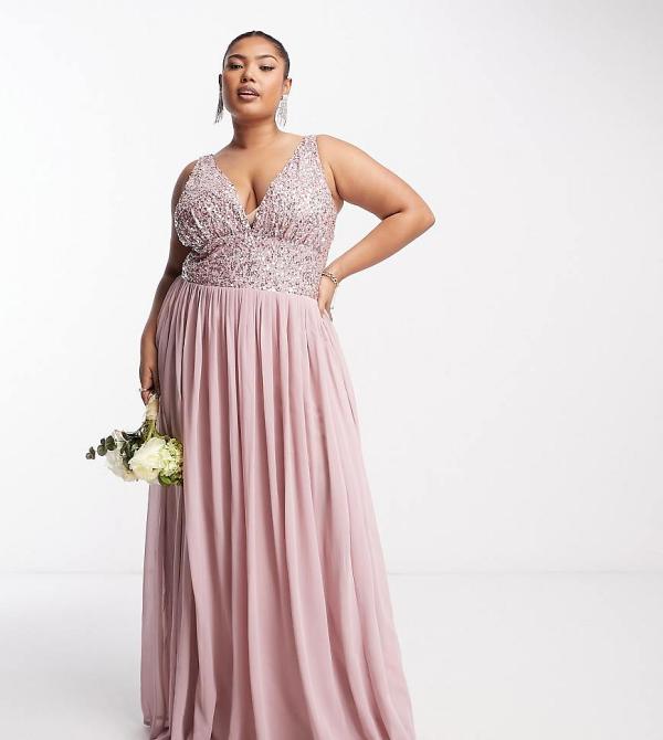 Beauut Plus Bridesmaid embellished v neck maxi dress in frosted pink