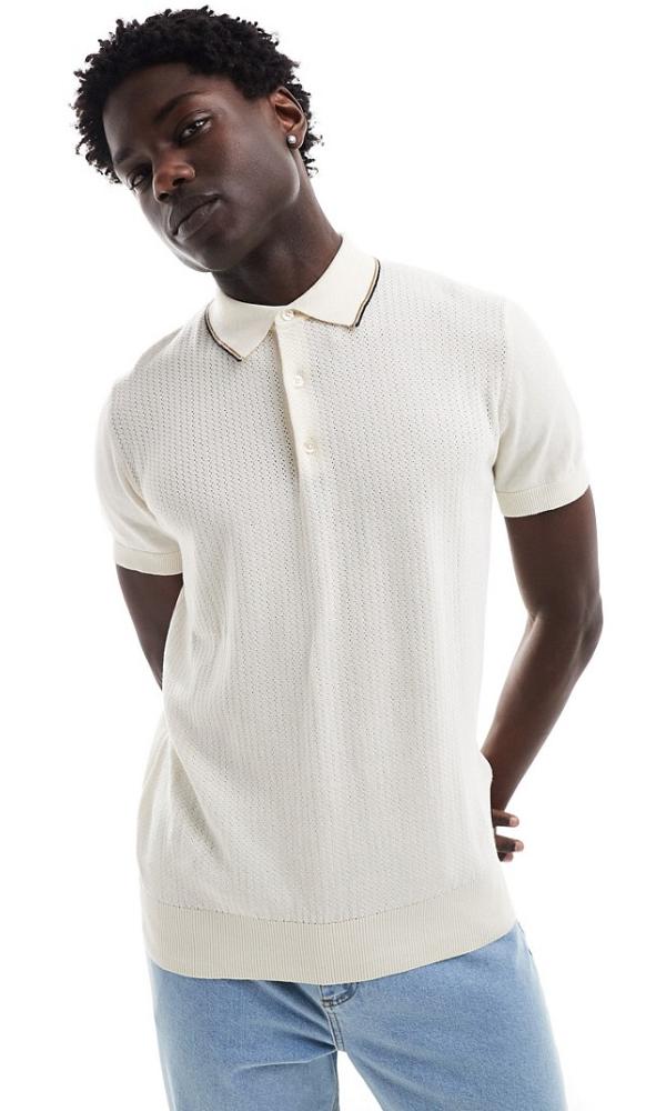 Ben Sherman short sleeve textured polo in off white-Neutral