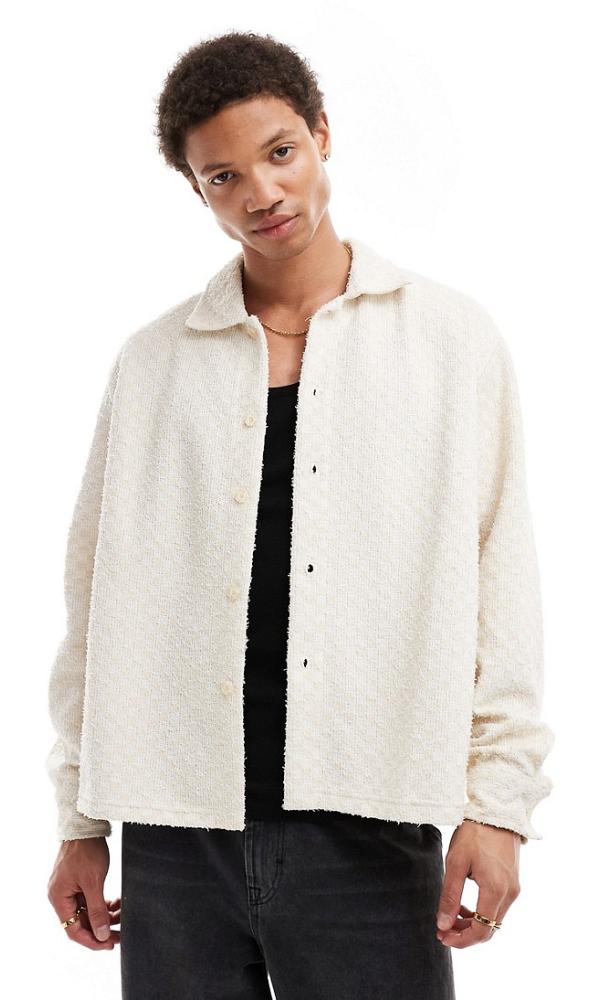 Berhska knitted jacquard check long sleeve shirt in ecru-Neutral