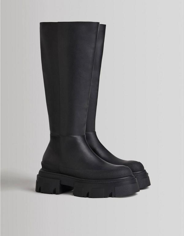 Bershka high leg boots with chunky sole in black