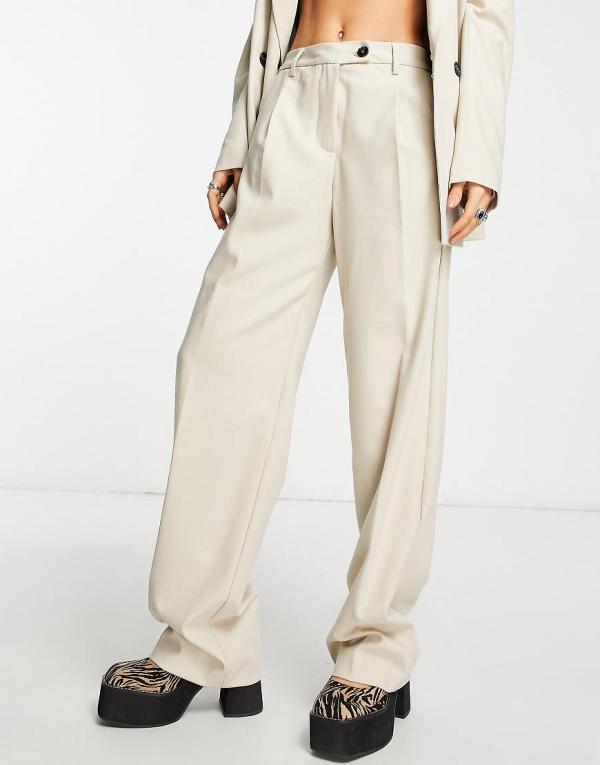 Bershka oversized split hem tailored pants in taupe (part of a set)-Neutral