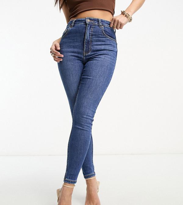 Bershka Petite high waist ankle length skinny jeans in mid blue