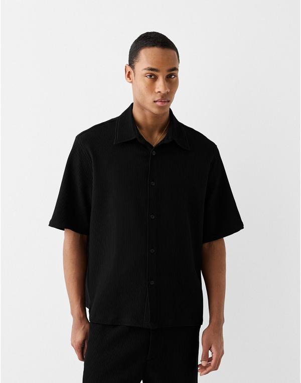 Bershka plisse shirt in black (part of a set)