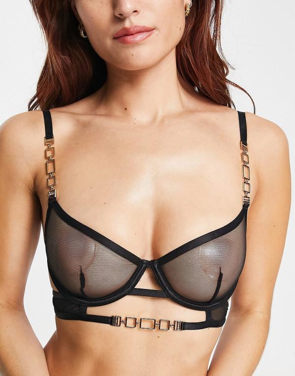 Bluebella Calypso sheer mesh non padded demi bra with gold chain hardware detail in black