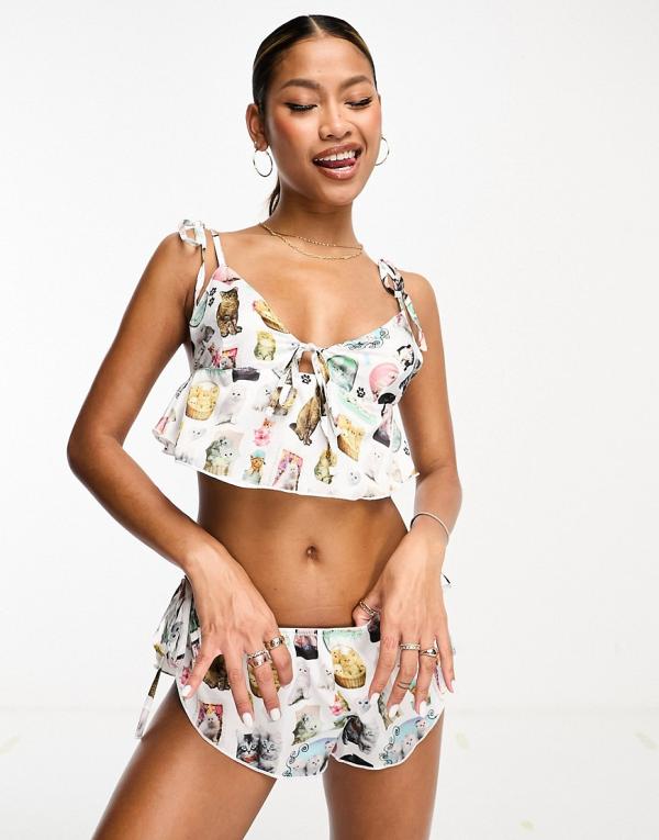 Bluebella x Ashley Wiliams cat print crop cami and shorts set in white