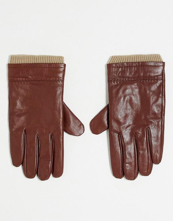 Boardmans knitted cuff leather gloves in brown