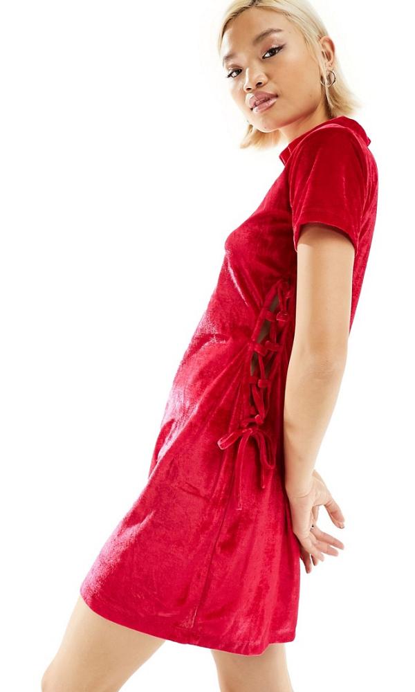 Bolongaro Trevor tie up velvet mini dress in berry-Red