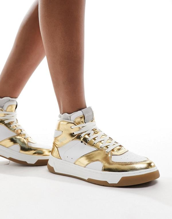 BOSS Baltimore hi-top sneakers in white and gold
