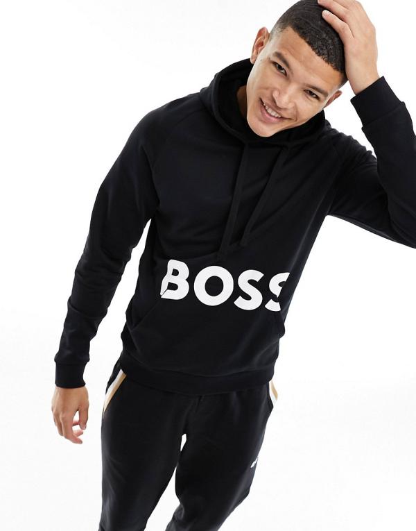 BOSS Bodywear print logo hooded sweatshirt in black