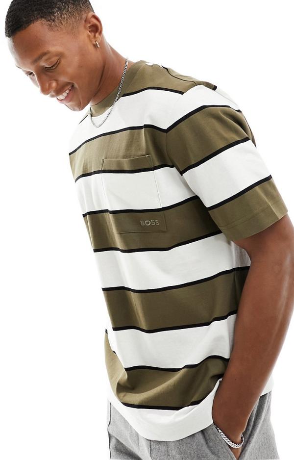 BOSS Orange logo pocket t-shirt in khaki stripe-Green