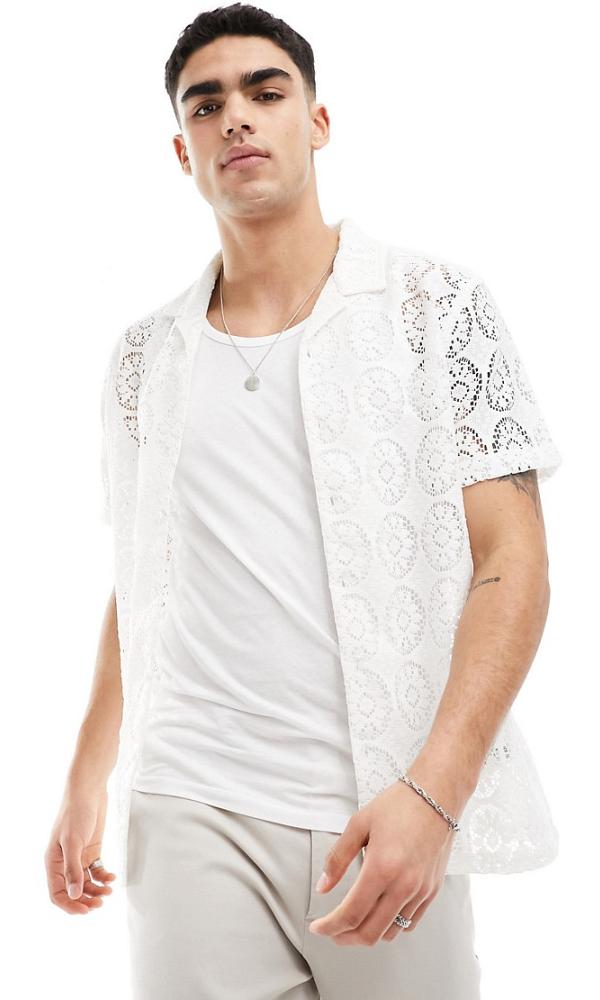 Brave Soul crochet revere collar shirt in off white