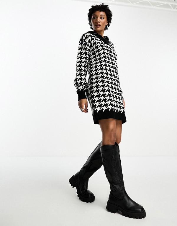 Brave Soul Duffy chequer print mini jumper dress in monochrome-Black