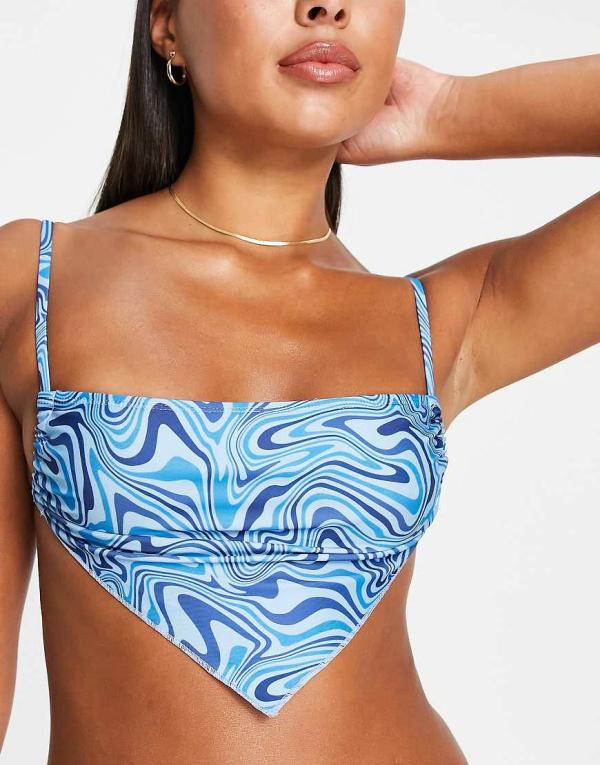 Brave Soul hanky hem bikini top in blue swirl print