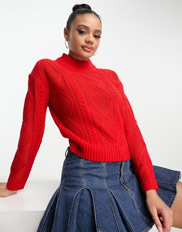 Brave Soul Landale cable knit jumper with button detail in red