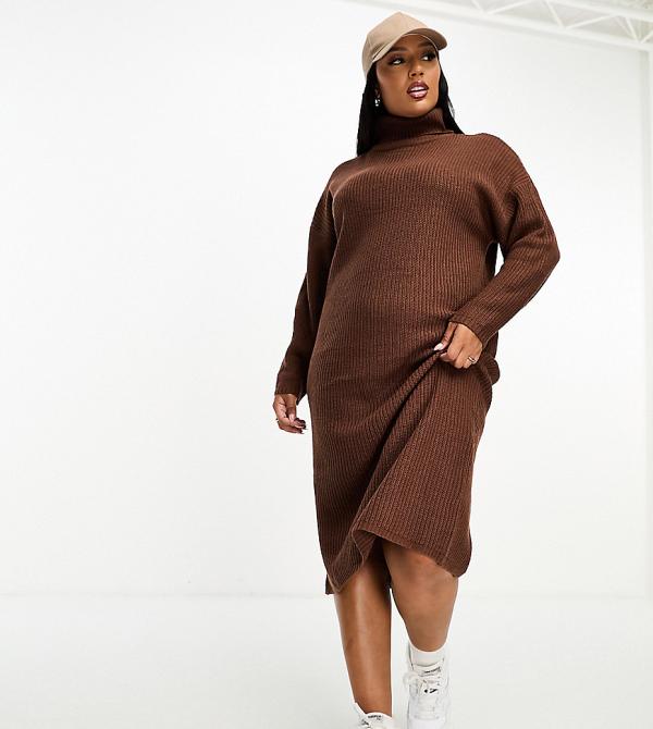 Brave Soul Plus Emma roll neck knitted maxi dress in chocolate brown