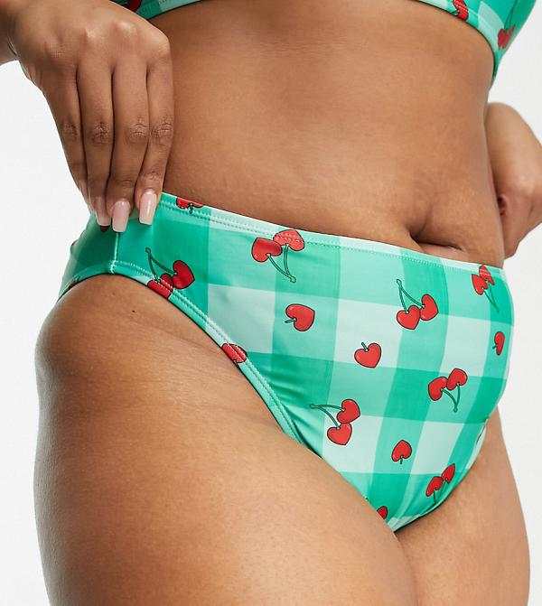 Brave Soul Plus high waist bikini bottoms in light green cherry check print