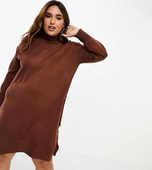 Brave Soul Plus Olivia roll neck knitted midi dress in chocolate brown