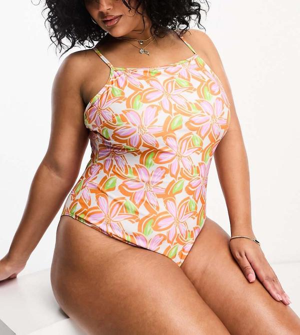 Brave Soul Plus square neck swimsuit in orange floral print