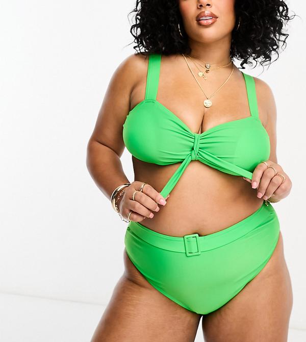 Brave Soul Plus tie front bikini top in green