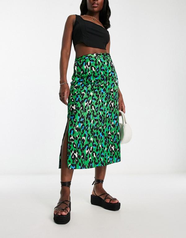 Brave Soul Susan satin midi skirt in green animal print-Multi