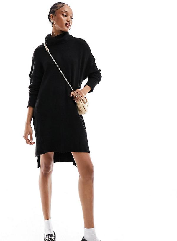 Brave Soul Tall Ming knitted roll neck jumper dress in black