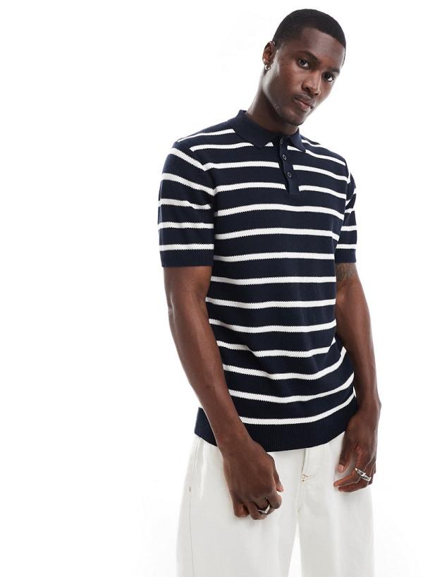 Brave Soul textured knit stripe polo in navy