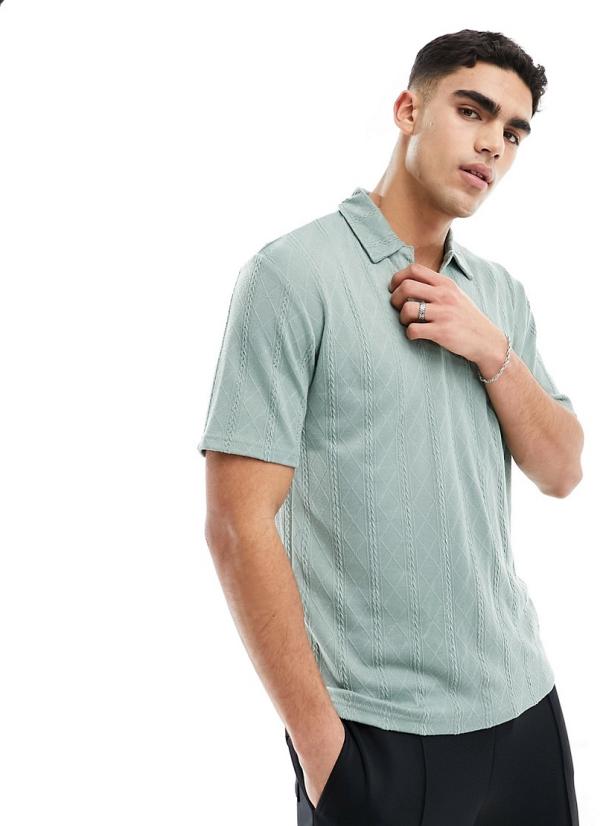 Brave Soul textured knit trophy neck polo in mint green