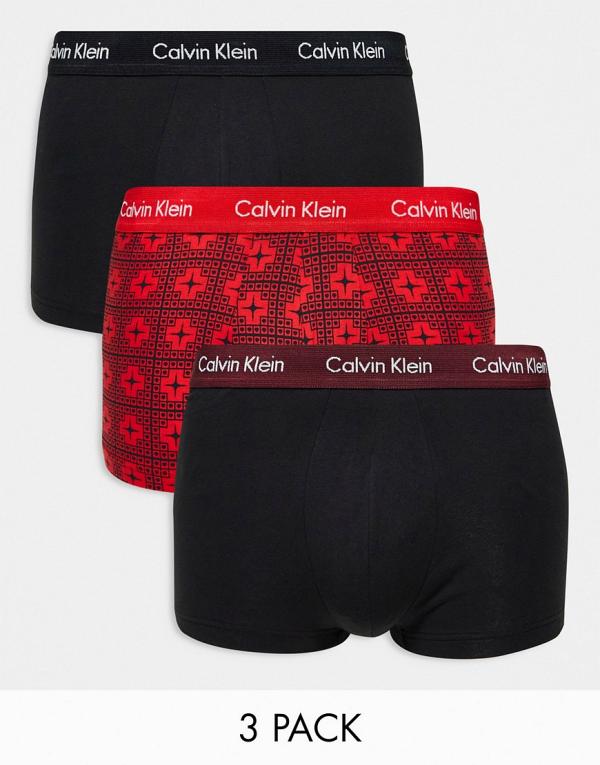 Calvin Klein 3 pack low rise trunks in printed red and black with coloured waistbands-Multi