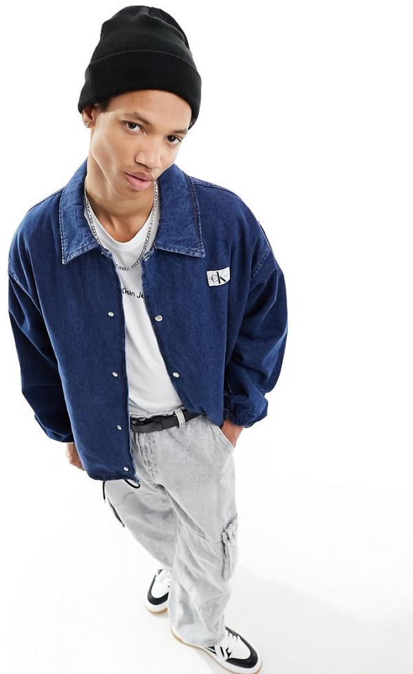 Calvin Klein Jeans badge logo skater denim jacket in dark wash-Navy