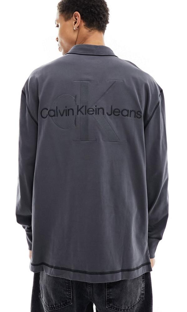 Calvin Klein Jeans monogram logo long sleeve rugby polo shirt in black
