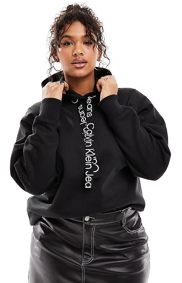 Calvin Klein Jeans Plus logo drawcord hoodie in black