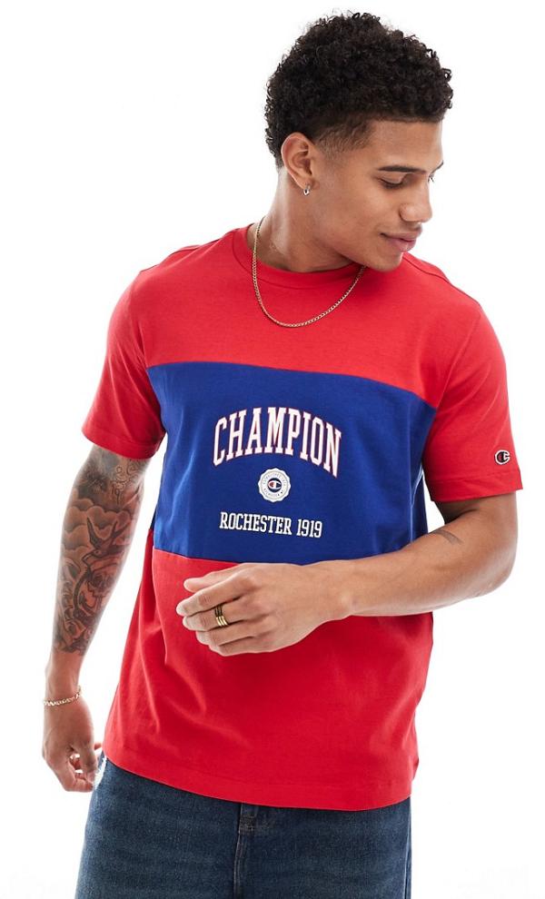 Champion Rochester collegiate colourblock t-shirt in navy and red