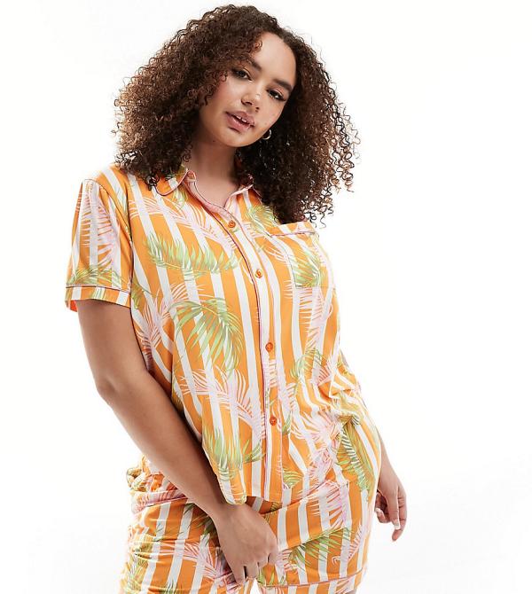 Chelsea Peers Curve jersey short sleeve shirt and shorts pyjama set in palm leaf stripe print-Orange