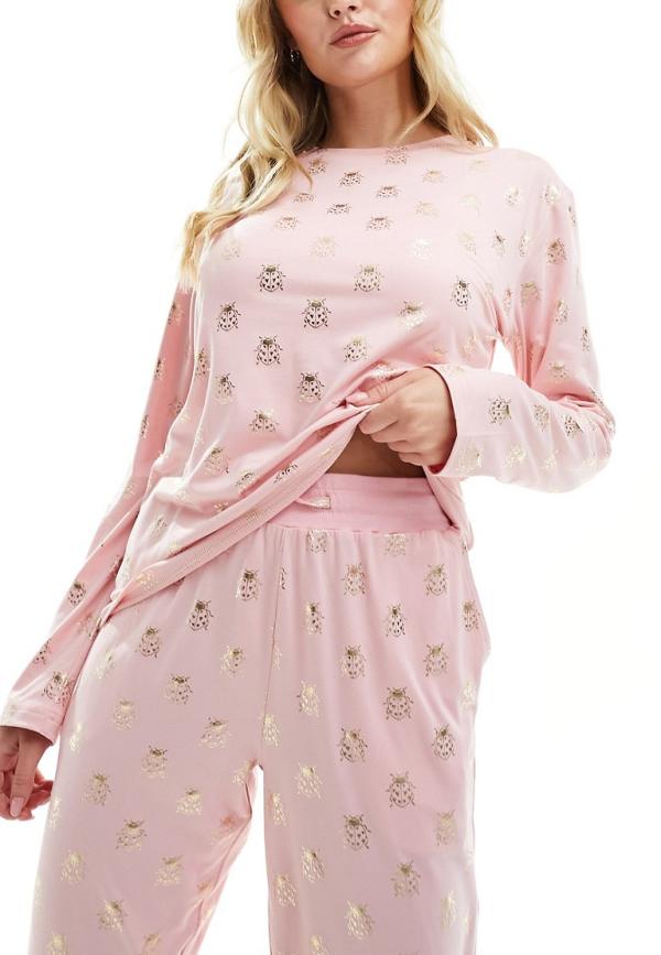 Chelsea Peers foil long pyjama set in pink ladybug print-Red